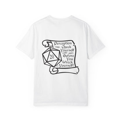 Perception Check D20 RPG T-Shirt — "Perception Check Yourself Before You Wreck Yourself"